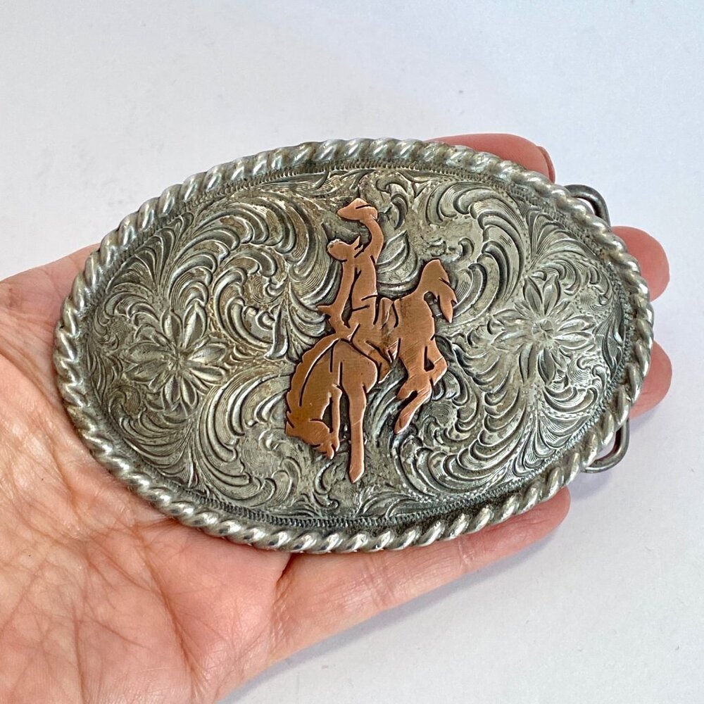 Rodeo Rider Colorado Silver Star Bucking Bronco USA Pewter Copper Belt Buckle - Picture 3 of 8
